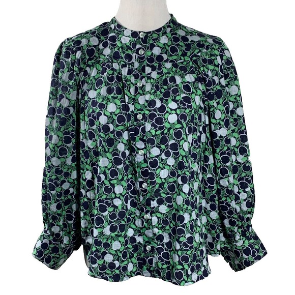 Maeve Anthropologie Top Blouse Womens L Green Henley Puff Sleeve Boho Cotton - Picture 2 of 9